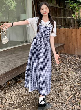 格子背带裙少女夏季初中高生