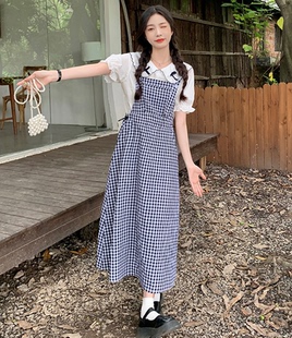 格子背带裙少女夏季初中高中女生夏装高中学生小清新连衣裙子显瘦