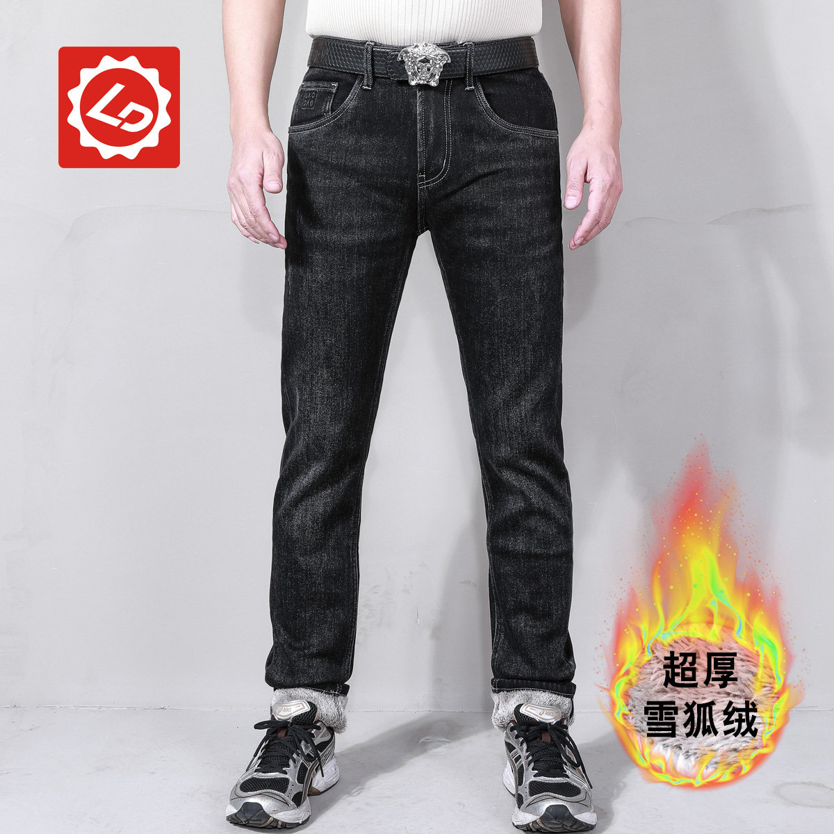 冬季黑色雪狐绒加厚牛仔裤