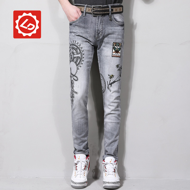 ca270唠叨牛仔高端浅灰色印花牛仔裤烫钻弹力修身小脚男士长裤子