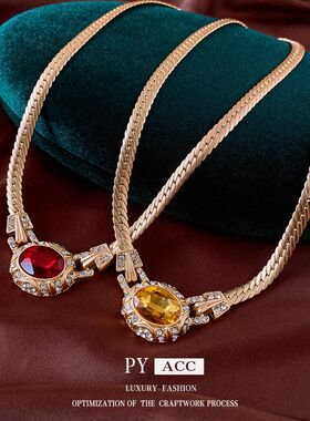 镶钻圆形蛇骨链项链中古宫廷风毛衣链高级感饰品复古气质吊坠