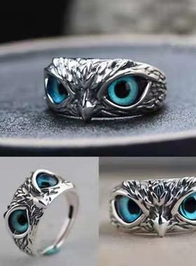 复古恶魔之眼猫头鹰戒指创意夸张动物情侣开口可调节指环wish款