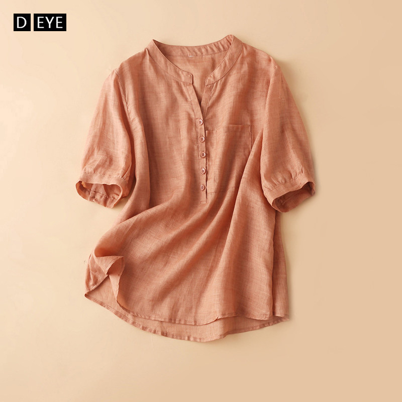 苎麻衬衫女夏季麻料套头衫薄款亚麻七分袖上衣棉麻粉色短袖衬衣女