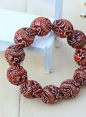 树脂仿桃木牦牛骨雕刻龙凤珠手链手串18mm男女情侣保平安佛珠