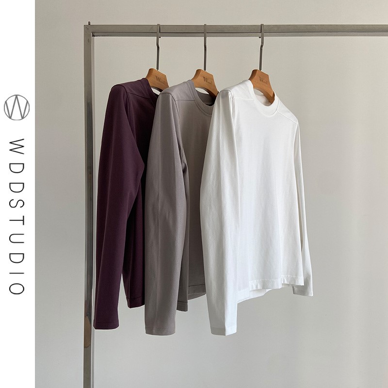 舒适度爆棚！秋季休闲百搭平肩接缝圆领精梳长绒棉长袖T恤上衣女