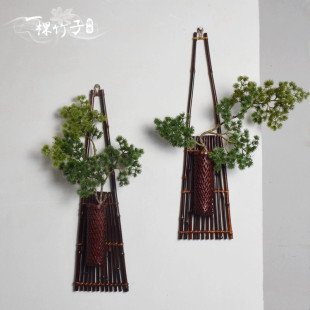 壁饰玄关背景墙面装 复古新中式 饰品挂件壁挂花器禅意竹编花器插花