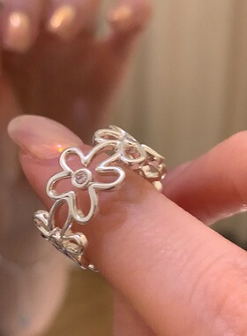 韩国小众设计925通体纯银繁绮花影蕾丝花朵镂空开口可调节戒指女