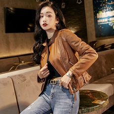 Кожаная куртка 棕色2021年春装真皮皮衣女短款修身小外套立领小绵羊皮机车服夹克