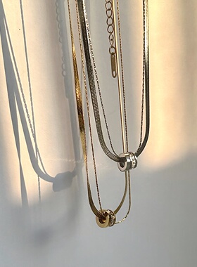 高级感气质双层叠戴项链女镶钻转运环吊坠颈链锁骨链钛钢轻奢项饰