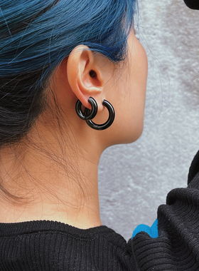 欧美金属小圆圈耳环中性时髦百搭嘻哈耳圈耳钉钛钢不褪色粗圈耳扣