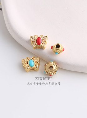 金色直孔松石蝴蝶尼泊尔珠diy手工饰品蜻蜓眼转运手串隔珠/M0689