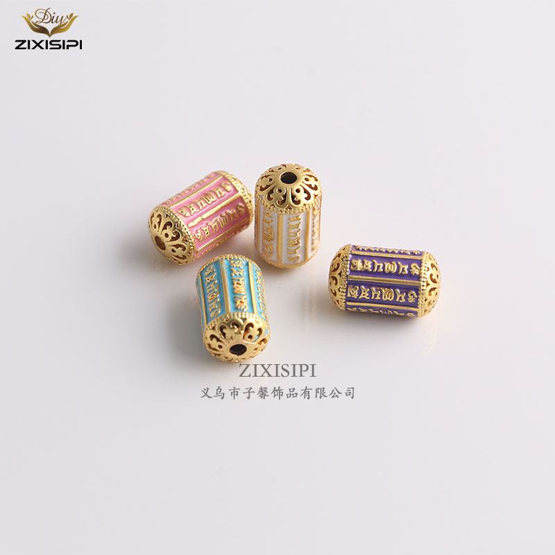 古法金魔方桶珠长管滴油珐琅彩管珠九条经文桶珠手链隔珠/m0777