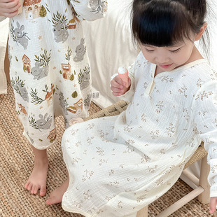夏季 宝宝双层棉纱睡袋婴儿睡袍儿童睡衣女童 儿童纯棉纱布睡袍长袖