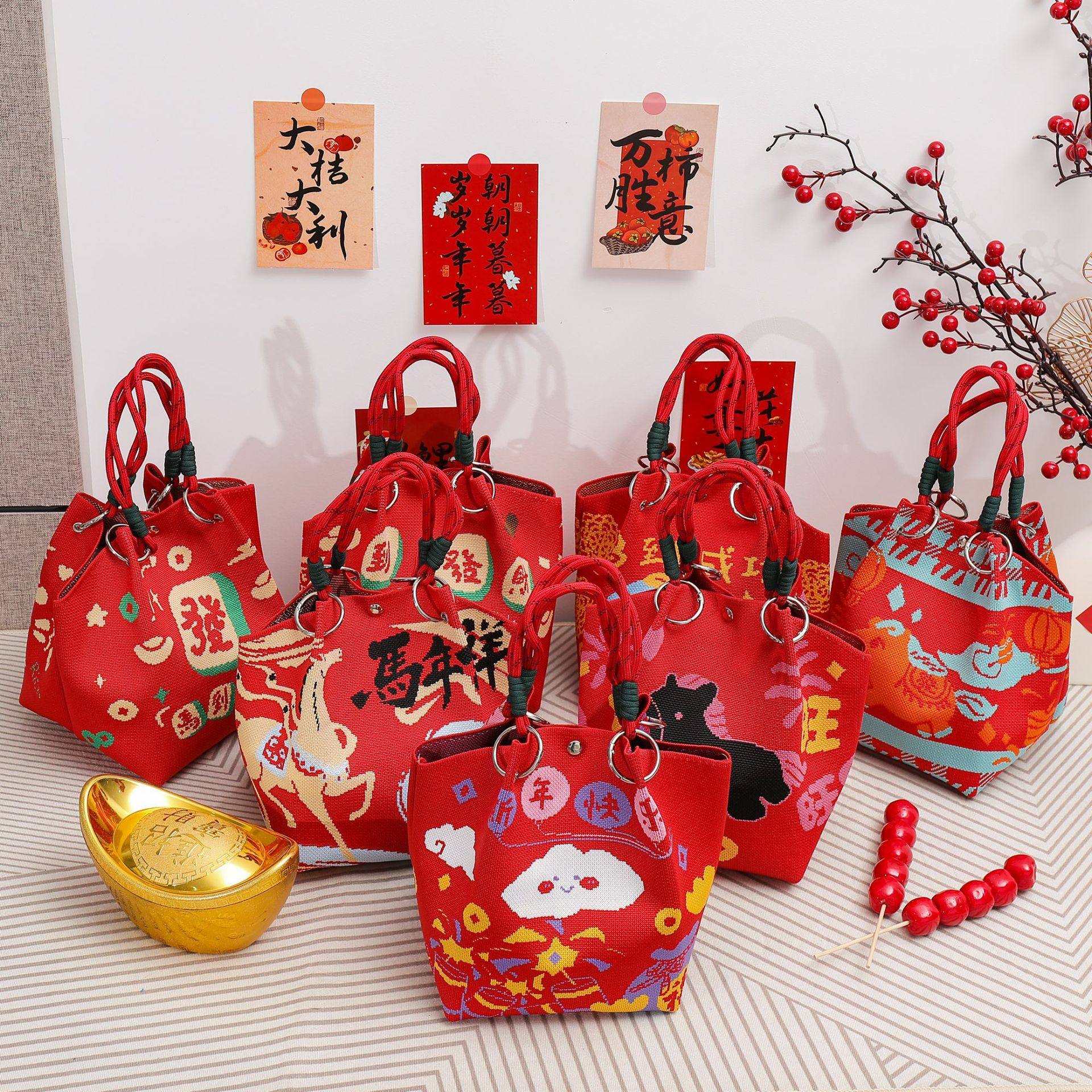 马到发财2026新年红色手提水桶包公司年会伴手礼针织手提包袋批发,节庆用品/礼品,文化创意包/袋,淘宝优惠券,粉丝福利购,淘宝优惠卷