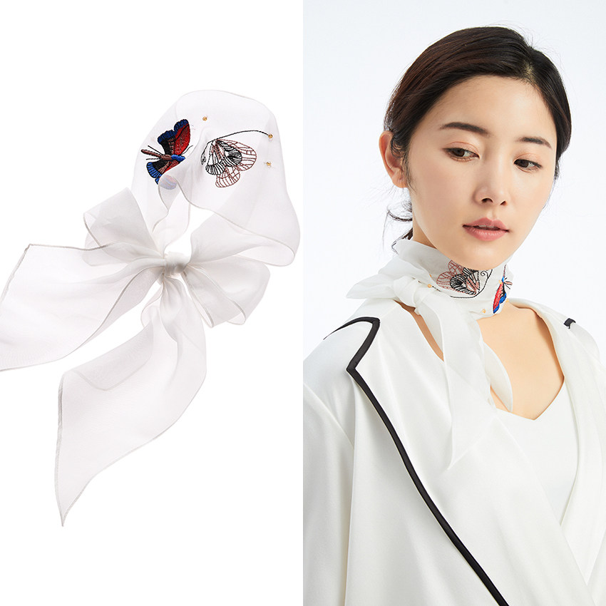 真丝丝巾女细窄长条桑蚕丝围巾优雅蝴蝶刺绣薄款纱巾发带丝带领巾