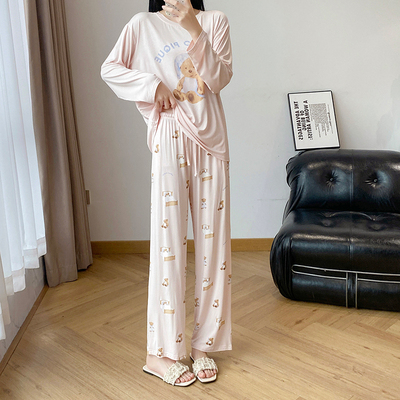 莫代尔小熊印花长袖春夏睡衣女