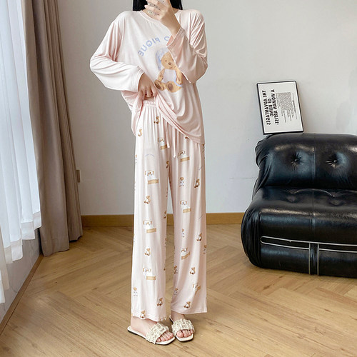 莫代尔小熊印花长袖春夏睡衣女