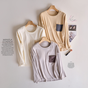 磨毛薄绒带胸垫睡衣女秋冬季长袖宽松大码上装外穿家居服T恤上衣