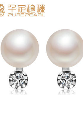 千足珠宝 昱耀 扁圆透白强亮8-8.5mm珍珠银耳钉