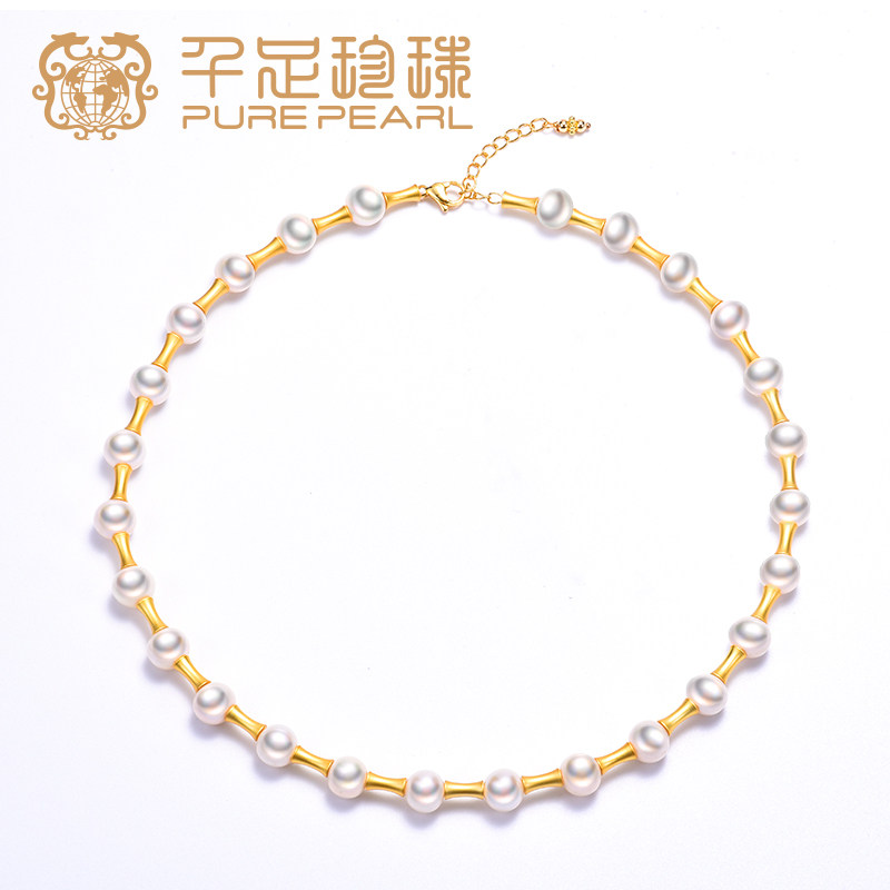 千足淡水无核珍珠项链女合金扣竹节隔珠款锁骨链小精致