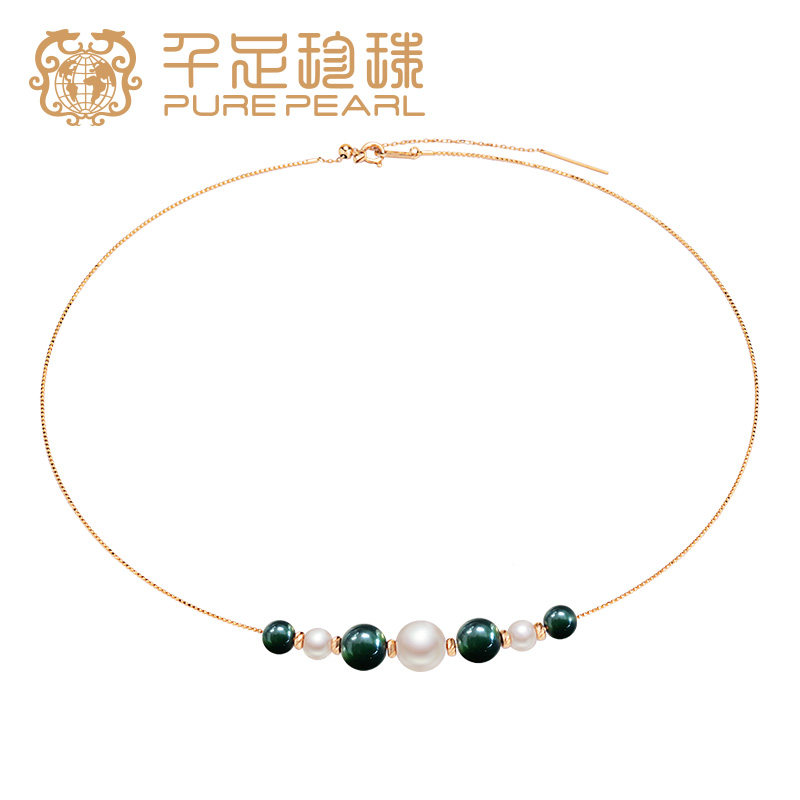 千足珍珠 &ldquo;珠联璧合&rdquo;系列之珠玉满堂5-8.5mm18K金配蛇纹石项链
