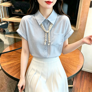 法式polo领短袖衬衫女夏季新款波点丝带短款抽绳收腰宽松显瘦上衣