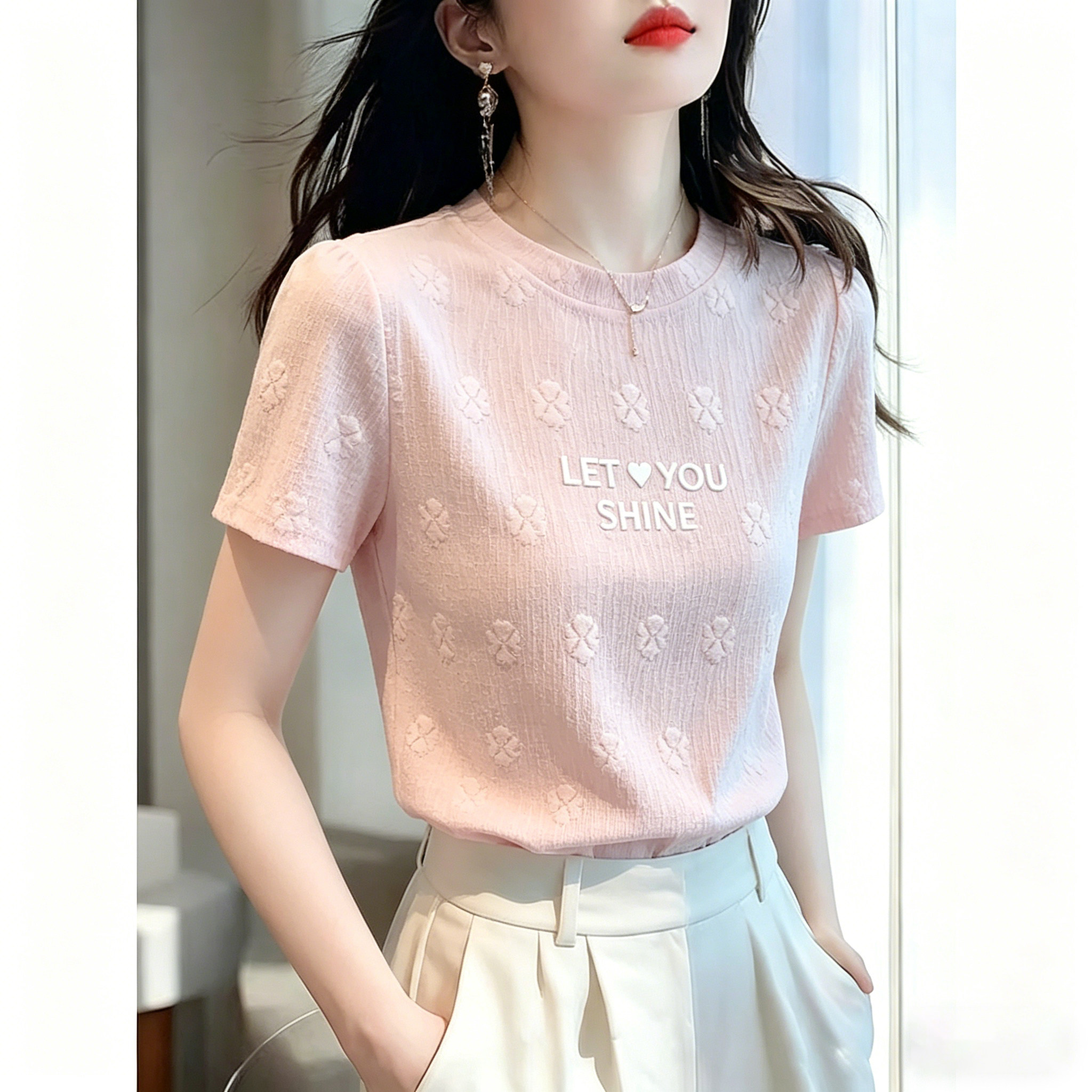 高档洋气提花雪纺小衫夏季2026爆款减龄甜美短袖T恤女士粉色上衣