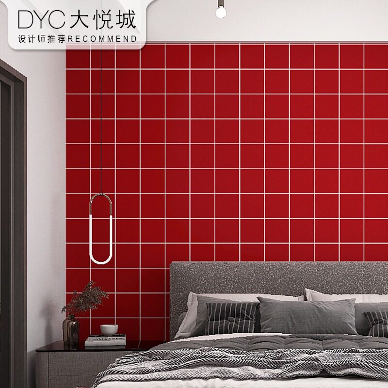 北欧ins风网红店格子壁纸奶茶店服装店背景墙大红色方格墙纸网格