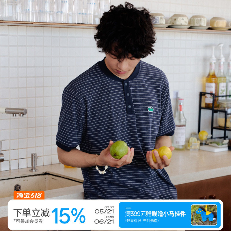 warmtrees 「白日梦克罗克·树」印花亨利领条纹短袖男女夏季t恤