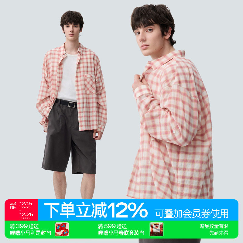 warmtrees复古微透格子长袖衬衫