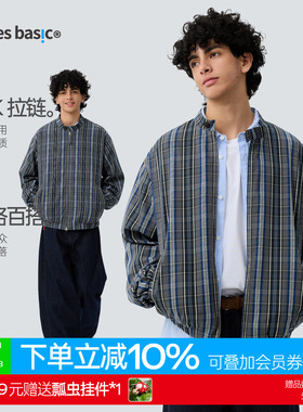 TreesBasic灰蓝格子防风短夹克男2025新款秋冬外套