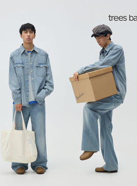 TreesBasic全棉8oz经典复古牛仔水洗蓝宽松长袖衬衫