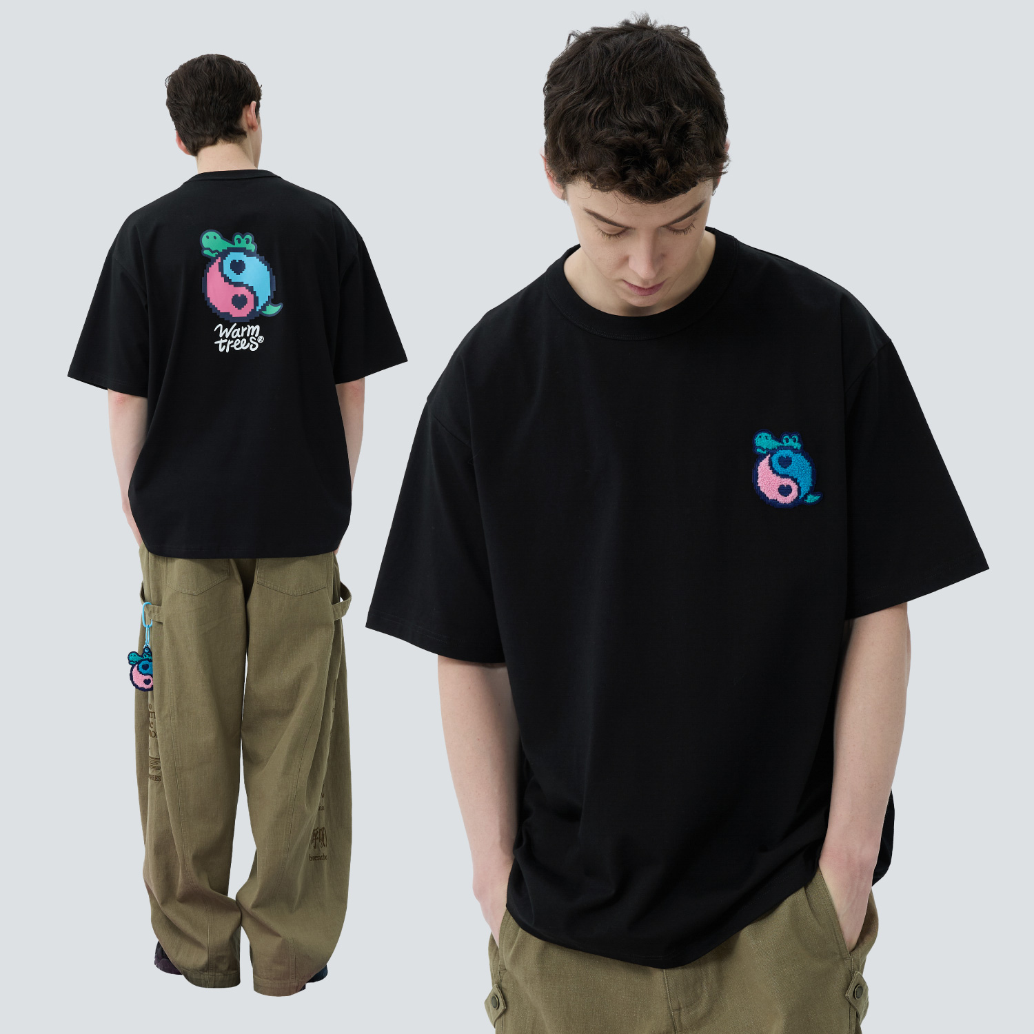 WARMTREES 2025新款夏季圆领上衣爱心太极鳄鱼毛巾绣短袖t恤男