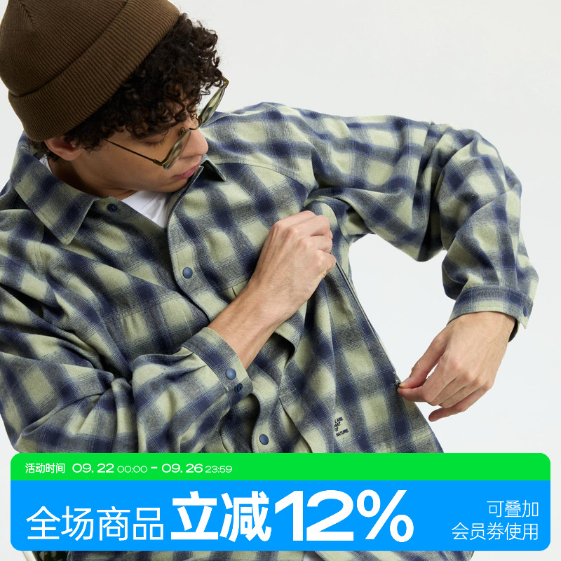 WARMTREES户外支线TreeOutside蓝色格子结构口袋插肩长袖衬衫