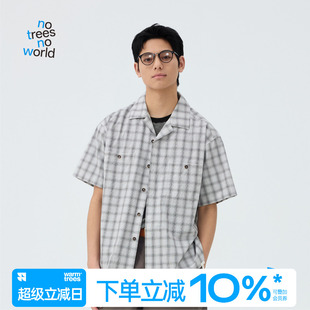 男女款 warmtrees 古巴领纽扣贴袋复古白黑格子短袖 衬衫 夏季