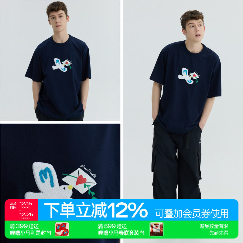 warmtrees 2025夏季新款 《飞鸽情书》毛绒绣标短袖t恤宽松情侣款