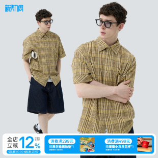 衬衫 上衣度假休闲亚麻色格子泡泡布短袖 夏季 warmtrees