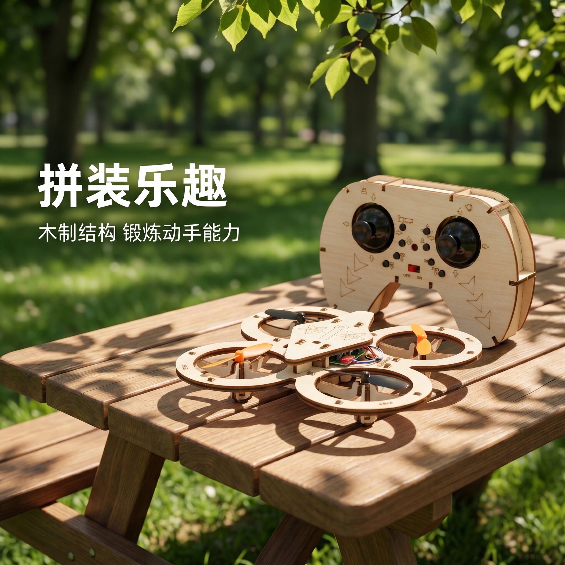 木质DIY四轴无人机拼装遥控飞机儿童科教航模益智玩具手工组装