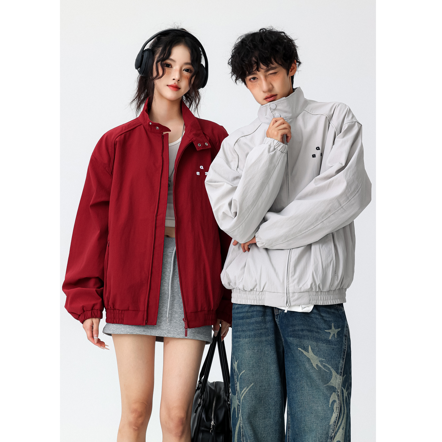 FOFWMODE秋季美式字母刺绣立领飞行夹克男女宽松情侣潮牌上衣外套