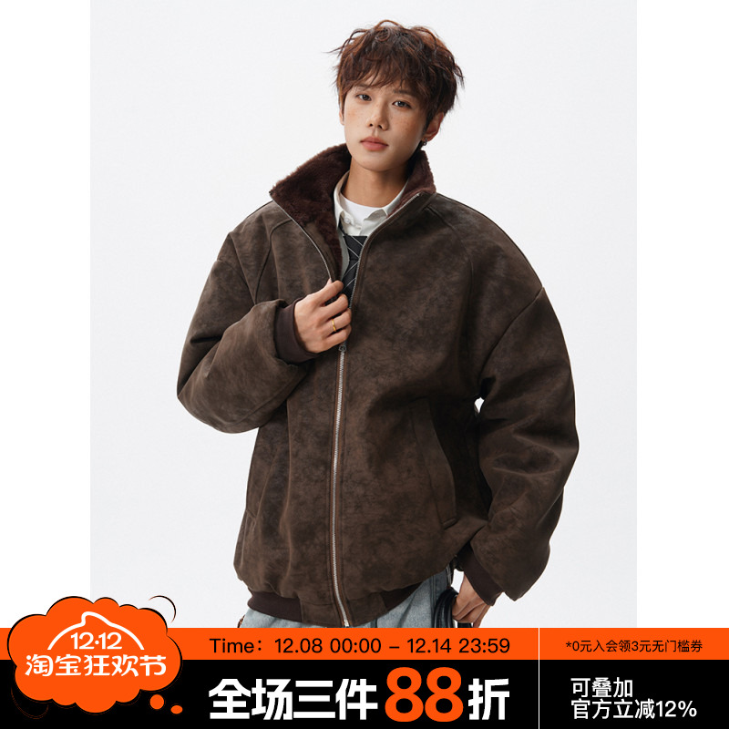 FOFWMODE 冬季重磅貂毛座山雕棉衣男宽松加厚情侣PU皮棉服外套潮