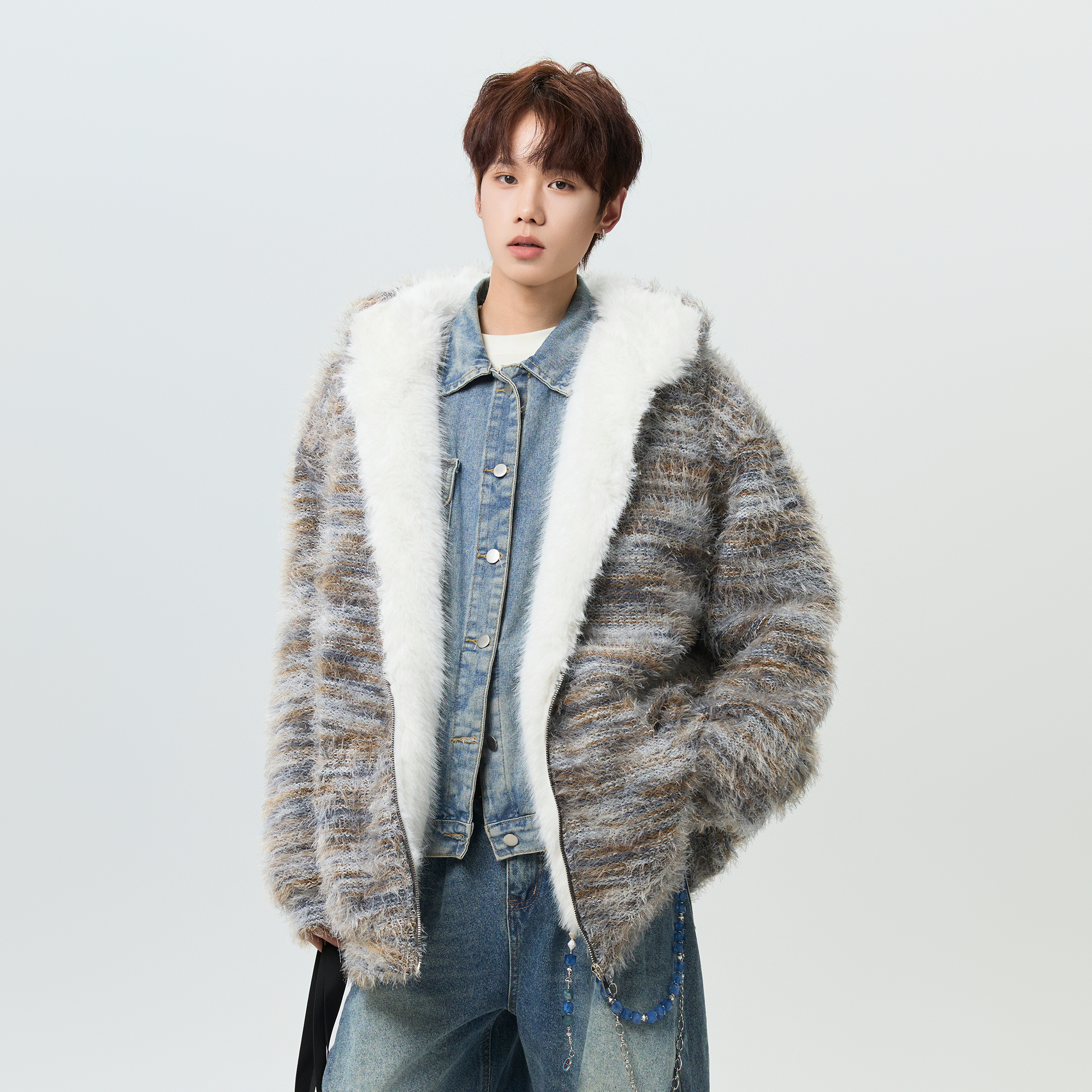 FOFWMODE 美式复古油画渐变连帽棉衣男冬季加厚保暖宽松棉服外套