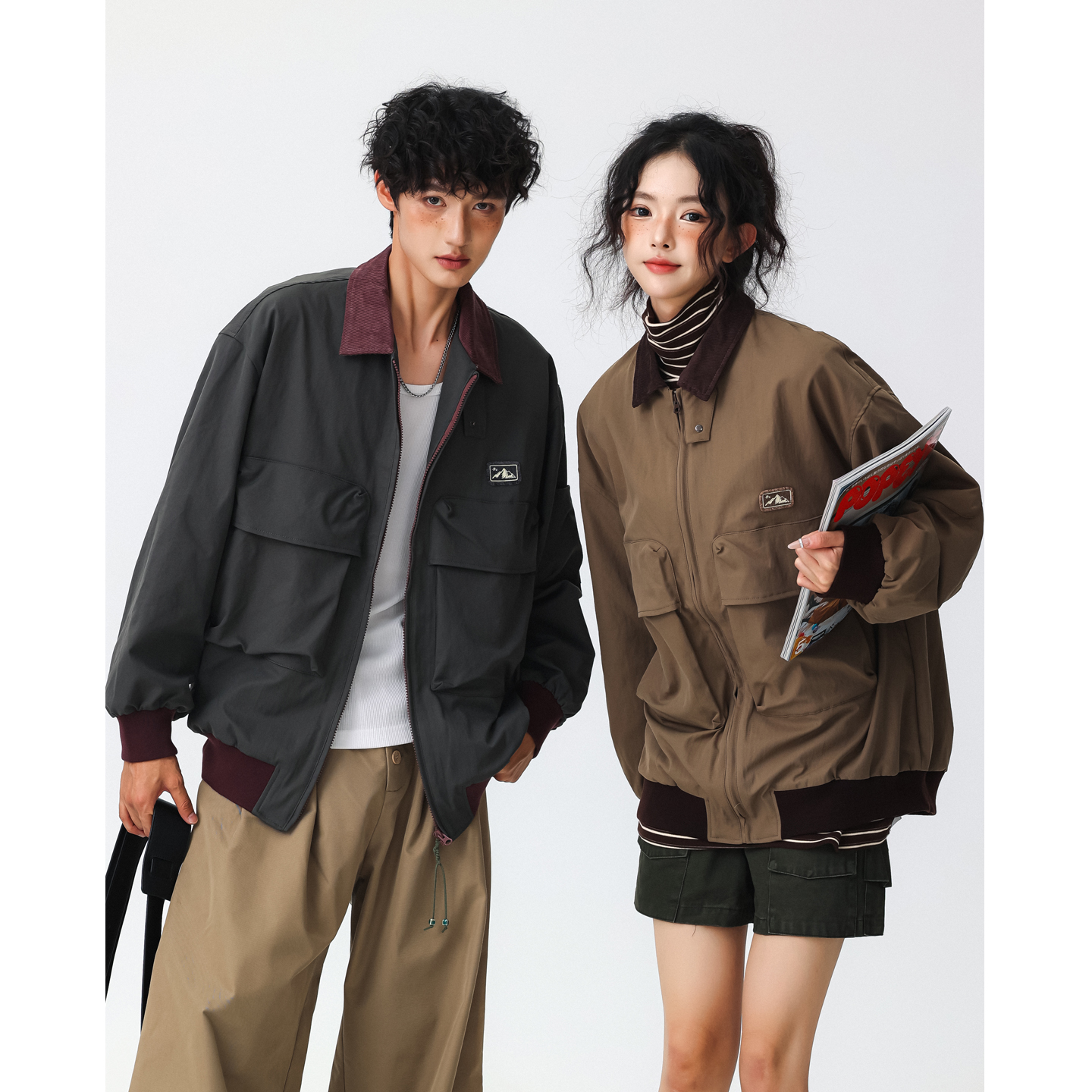 FOFWMODE秋装美式大口袋夹克男女宽松撞色翻领情侣cleanfit外套潮