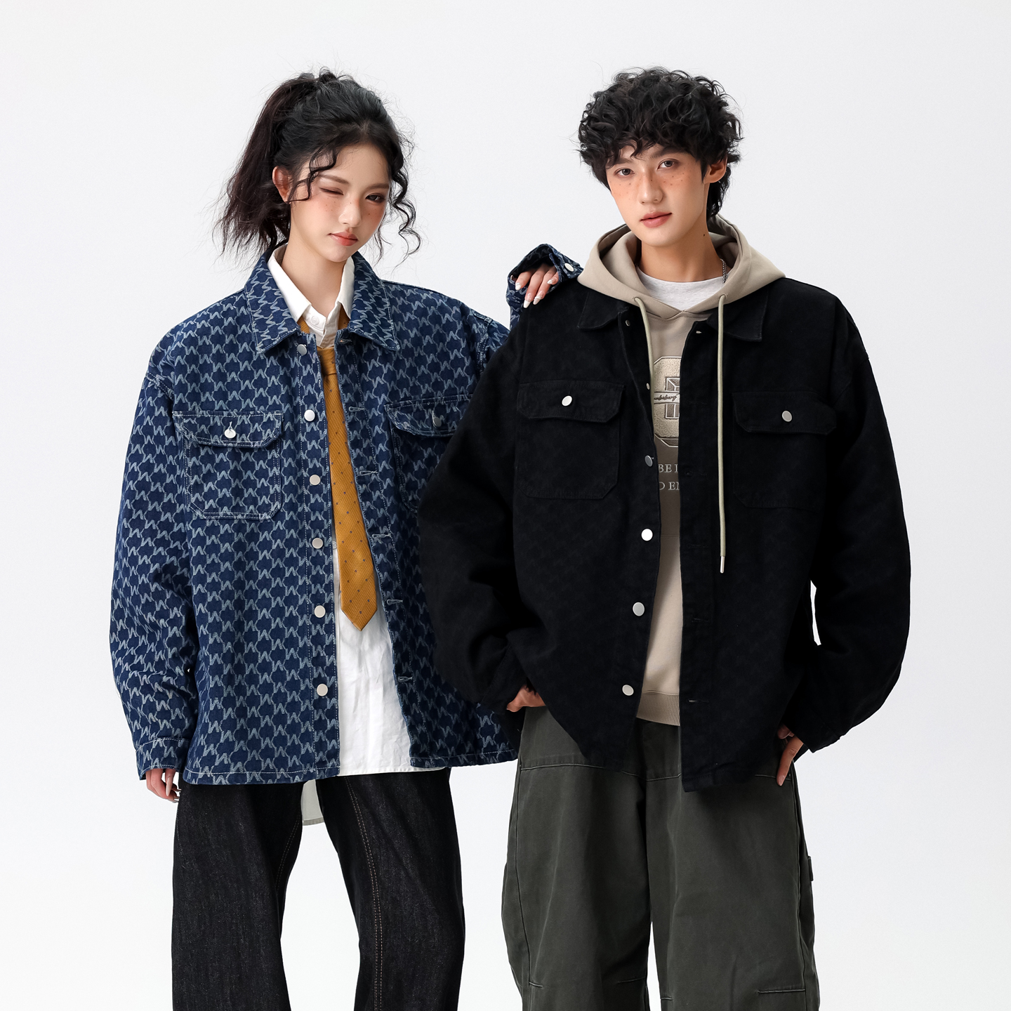 FOFWMODE 秋季美式复古翻领格子夹克男女同款宽松潮牌牛仔衣外套