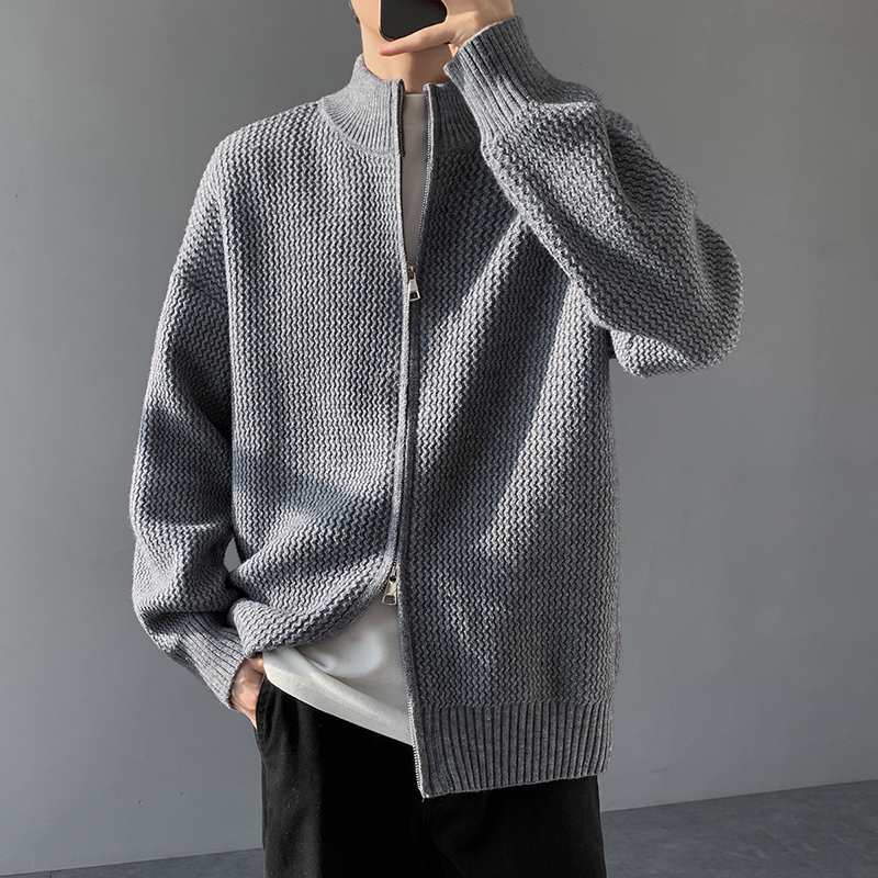 FOFWMODE秋冬季复古坑条半高领开衫毛衣男女宽松老钱风针织衫外套