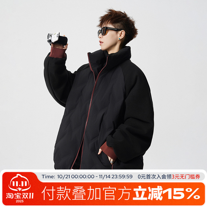 FOFWMODE 美式拼接撞色立领羽绒服男冬季保暖潮宽松情侣加厚外套