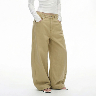 26春新款卡其色弯刀牛仔裤简约百搭休闲宽松长裤复古棉质裤子
