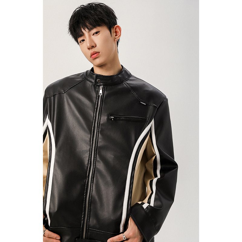 FOFWMODE秋季赛车服廓形PU水洗皮衣男宽松重磅哈灵顿皮夹克外套潮