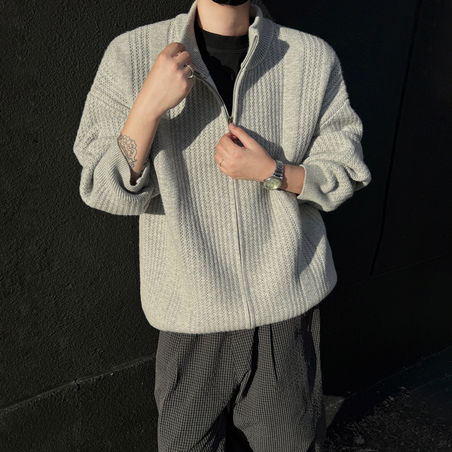 FOFWMODE秋冬美式提花立领开衫毛衣男宽松复古纯色针织衫潮牌外套