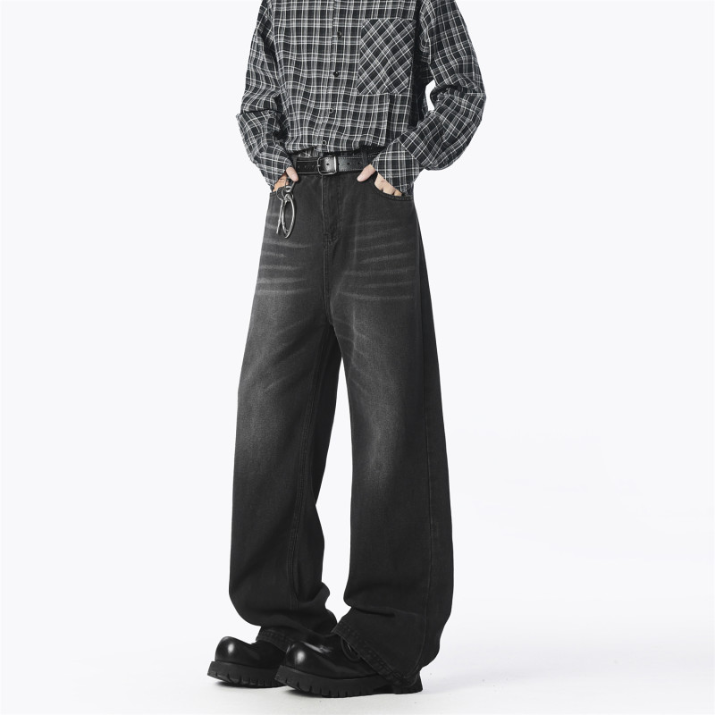 FOFWMODE 秋季复古水洗做旧牛仔裤男直筒宽松休闲百搭阔腿长裤潮
