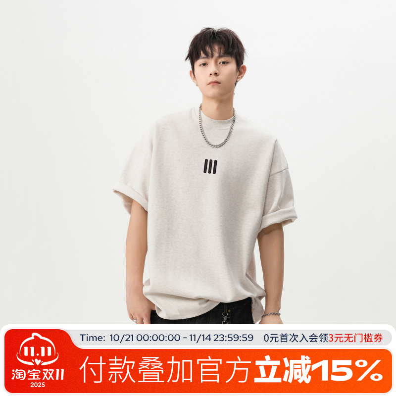 FOFWMODE 2025夏季美式三条杠刺绣宽松短袖T恤男潮牌宽松百搭半袖